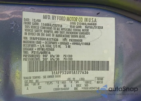 2001 Ford Taurus Lx from USA, damaged, VIN 1FAFP52U01A177636